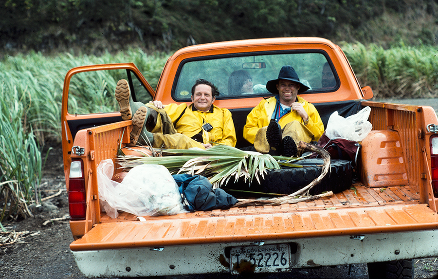 The field team, 1978 — John Sincock, Mike Scott, and two colleagues in and around a pickup truck on Kaua'i