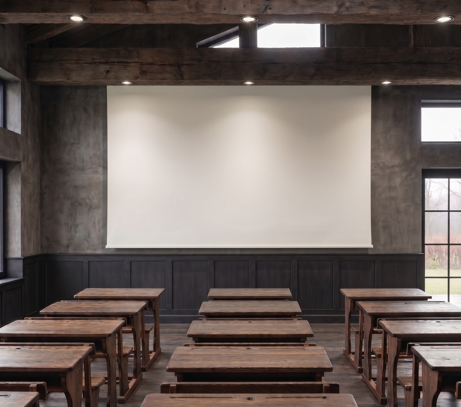 A classroom with wooden desks and a large projector screen, Lost & Endangered playing on the screen