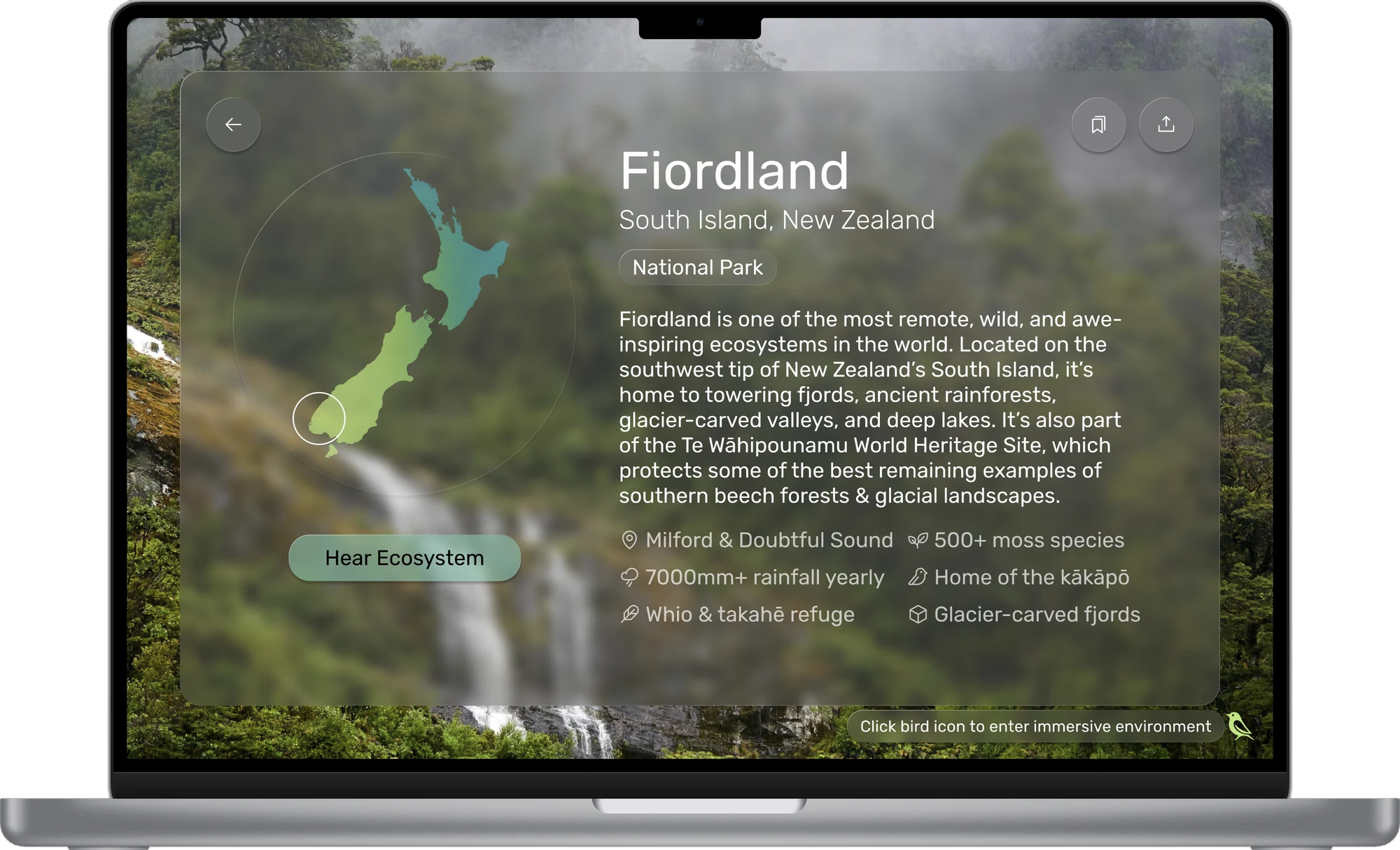 Fiordland ecosystem screen from the Lost & Endangered prototype: a map of New Zealand, the park's description, and a Hear Ecosystem button