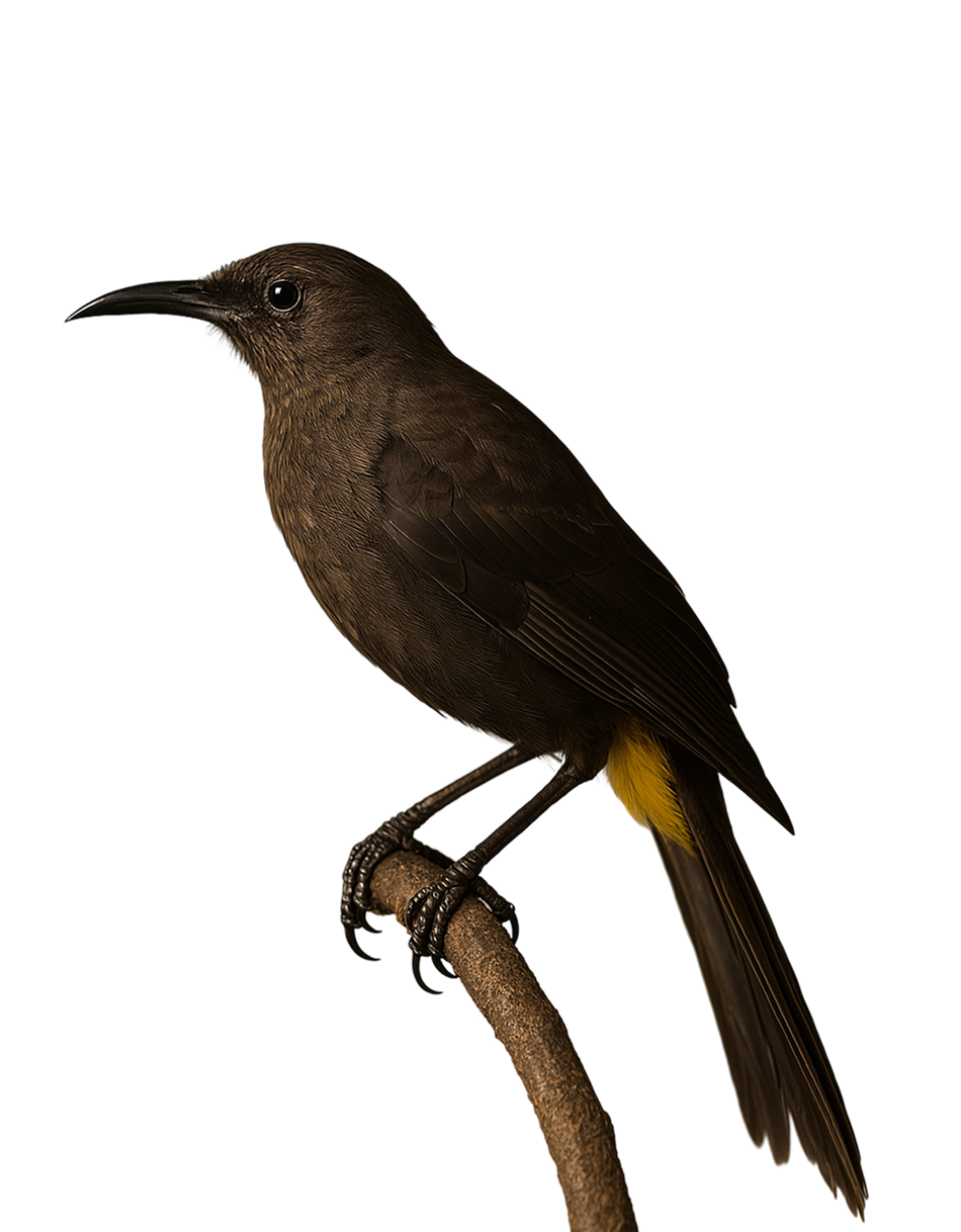 AI-enhanced portrait of the Kaua'i 'ō'ō, generated from the taxidermy reference