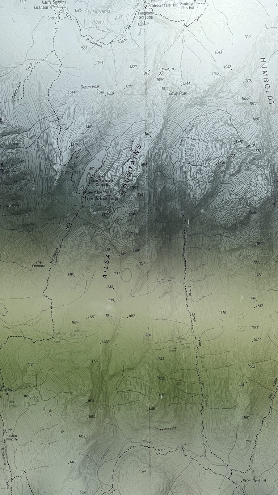 A topographic map of the Fiordland mountains, New Zealand, tinted green