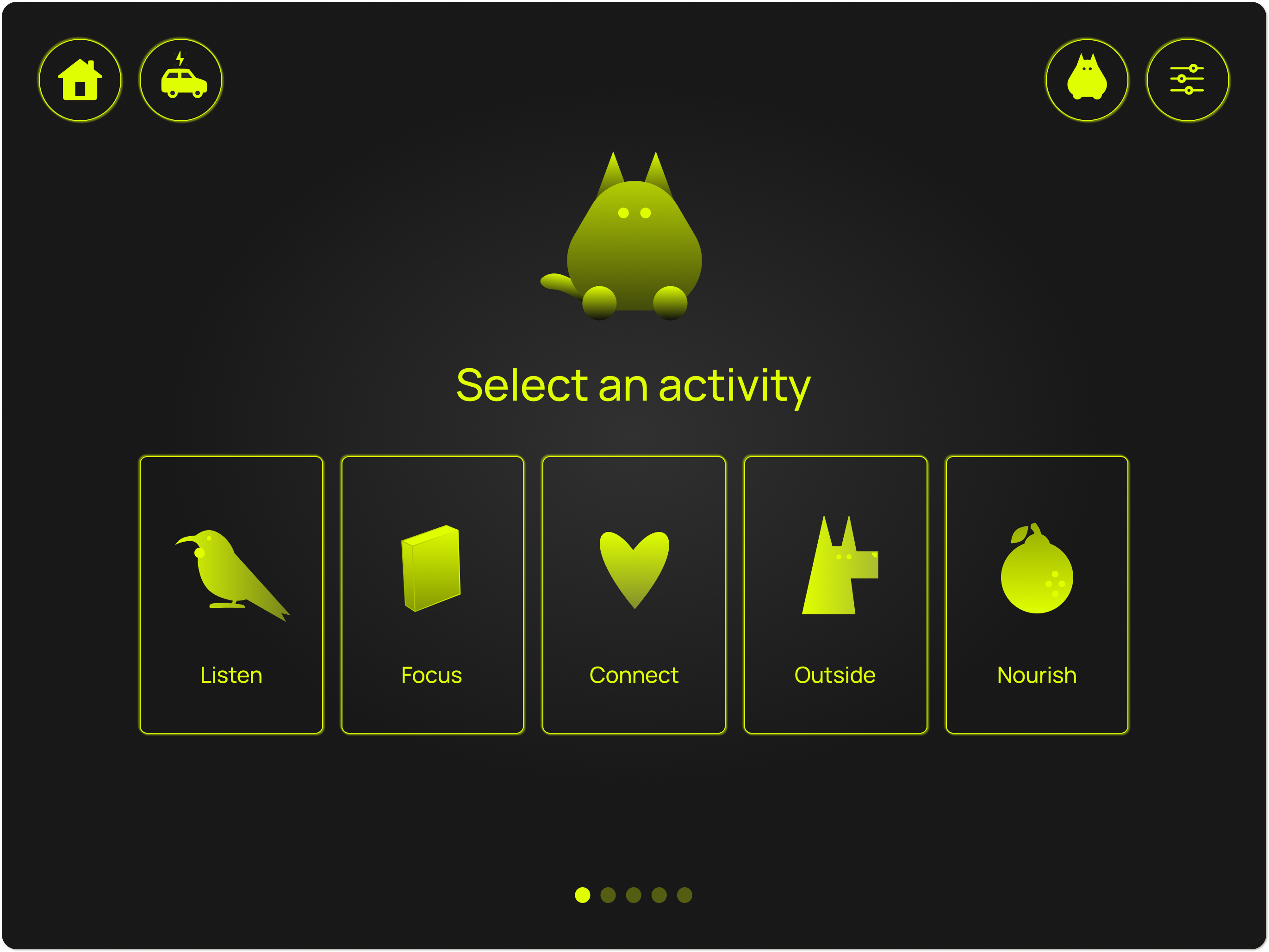 Glow-in-the-dark mode of the activity selection screen: black background, lichen-yellow outlines, icons reduced to silhouettes