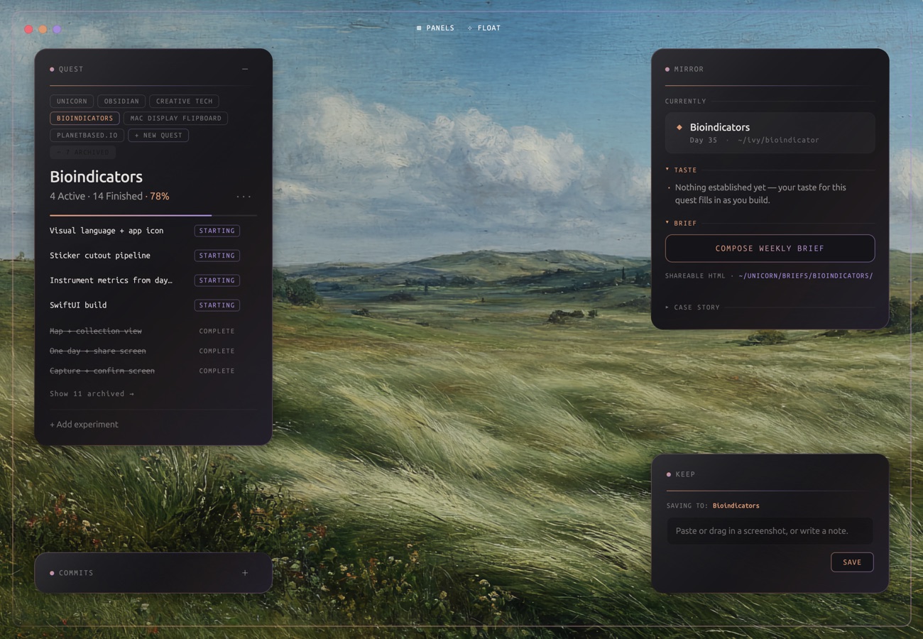 Unicorn, the creative OS, running beside a terminal