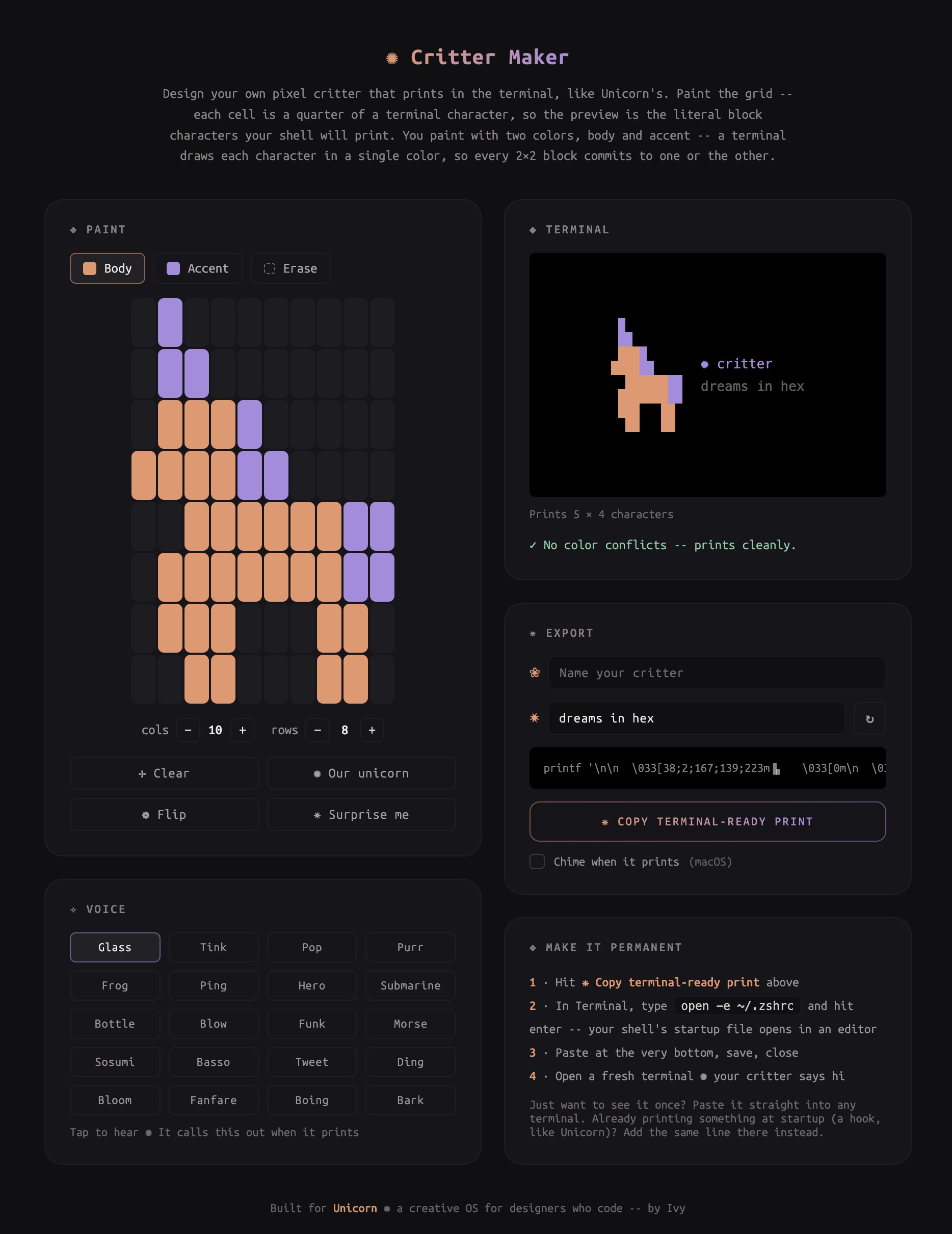 Critter Maker: paint a pixel grid, preview the literal terminal characters, export the print.
