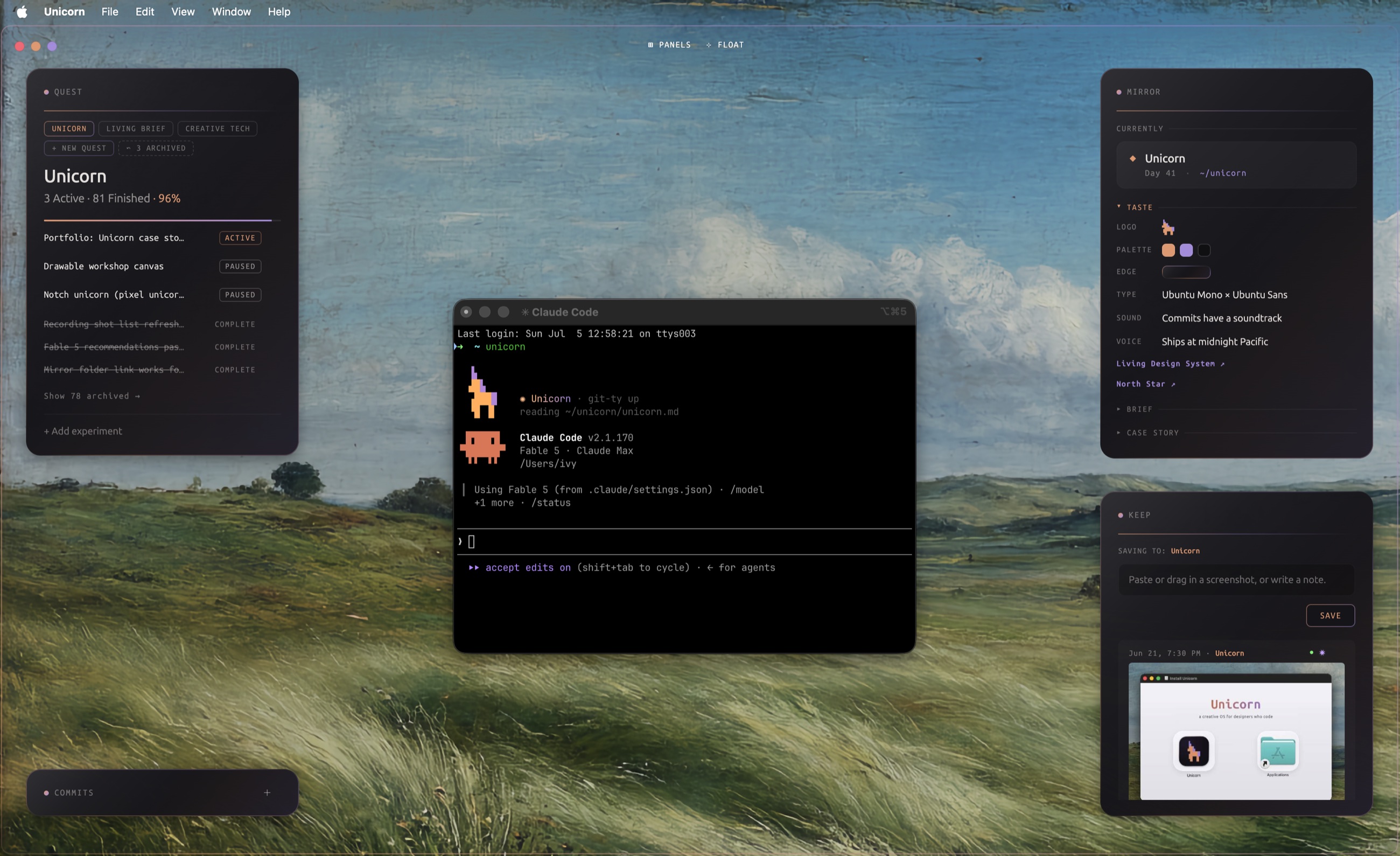 Unicorn at rest. Quest, Mirror, Keep, Commits and Activity in the corners, the Claude Code terminal in the center.